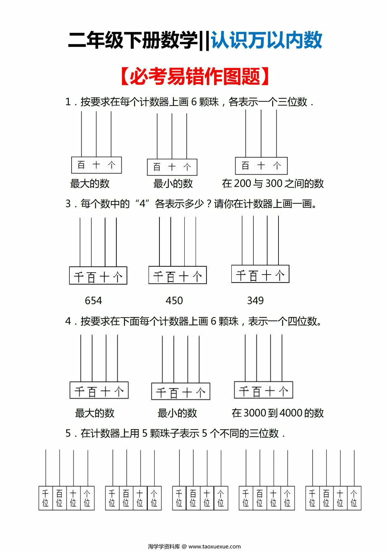 图片[1]-二年级下册数学认识万以内的数必考易错作图题，4页PDF可打印-淘学学资料库
