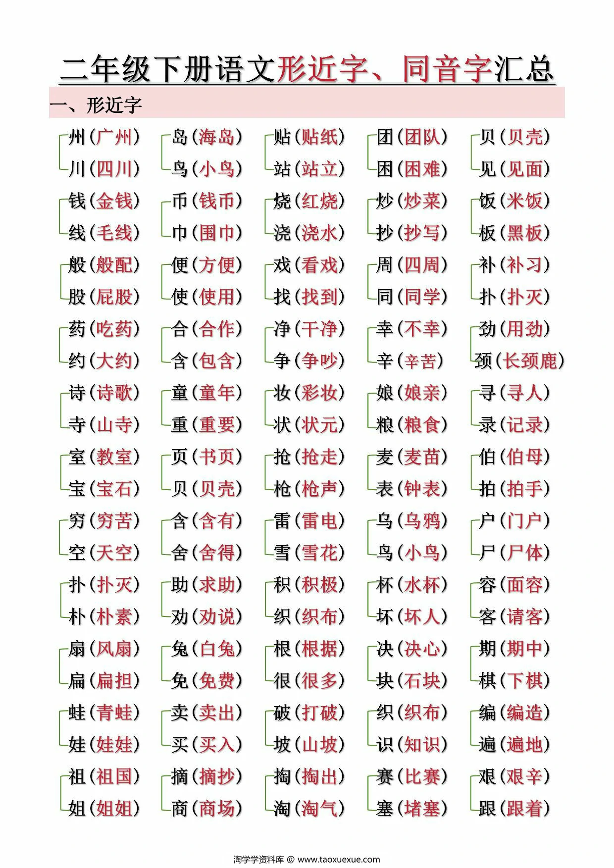 图片[1]-二年级下册语文形近字、同音字汇总（空白+答案），10页PDF可打印-淘学学资料库
