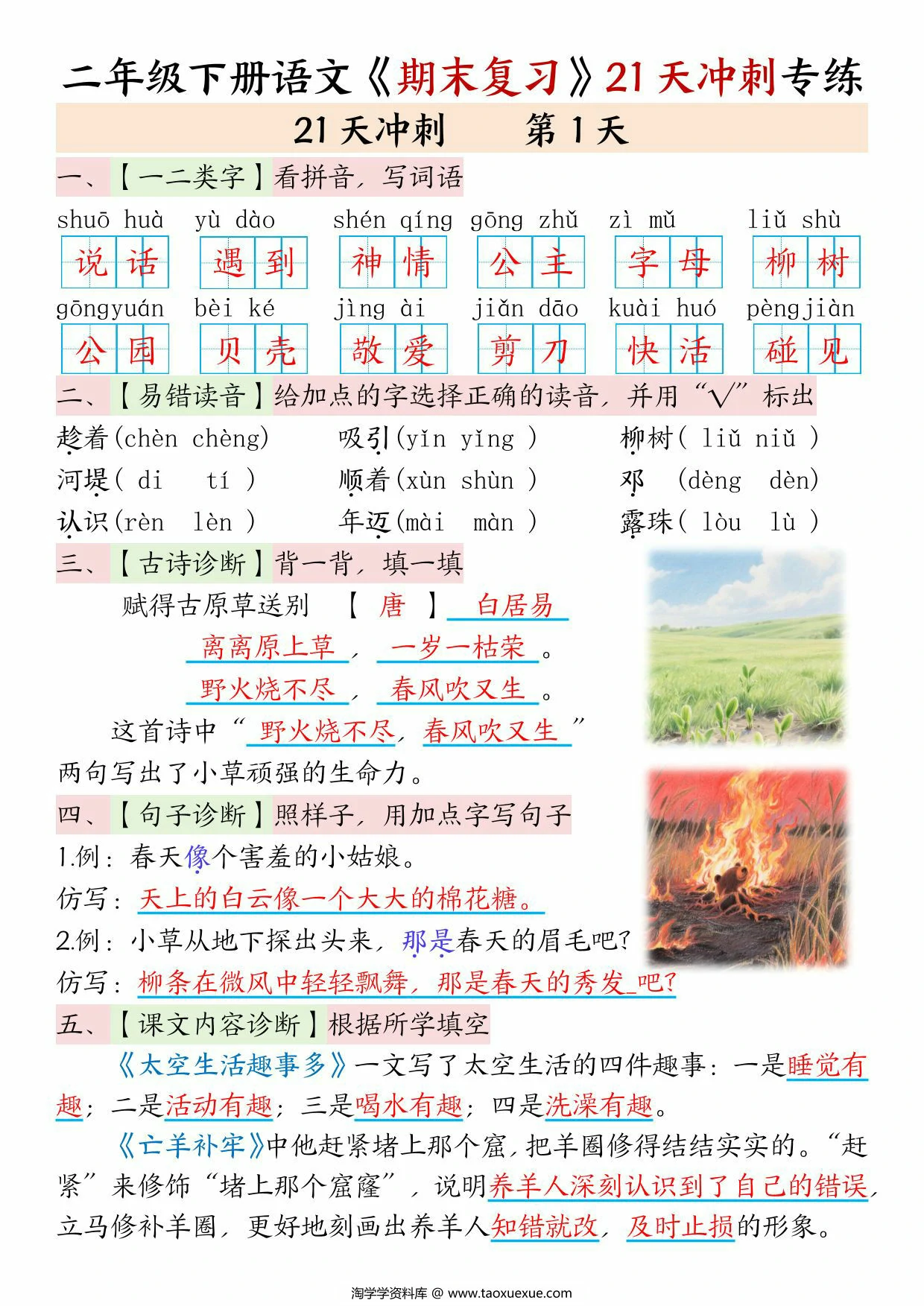 图片[1]-二年级下册语文期末复习21天冲刺专练(空白+答案)，42页PDF可打印-淘学学资料库