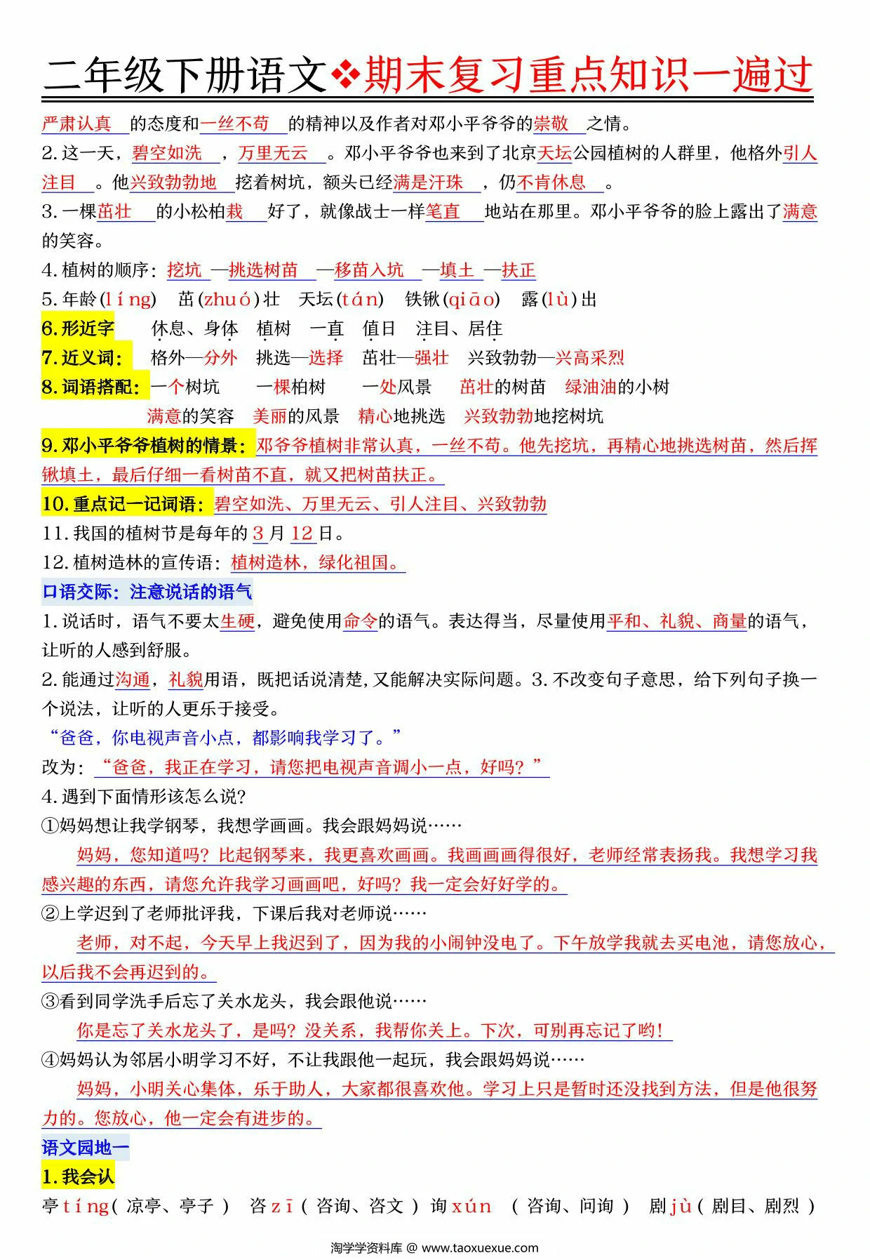 图片[2]-二年级下册语文期末复习重点知识一遍过，23页PDF可打印-淘学学资料库
