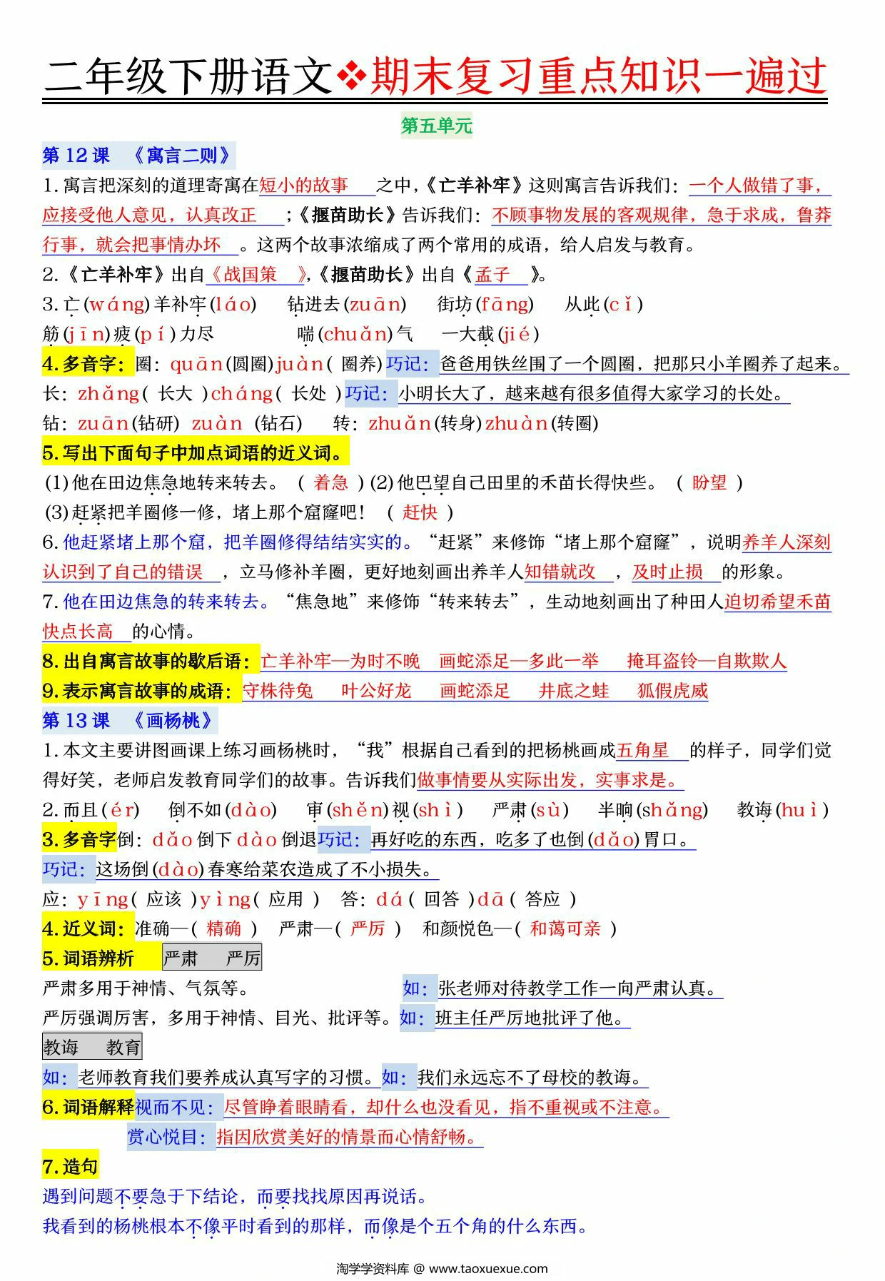图片[4]-二年级下册语文期末复习重点知识一遍过，23页PDF可打印-淘学学资料库