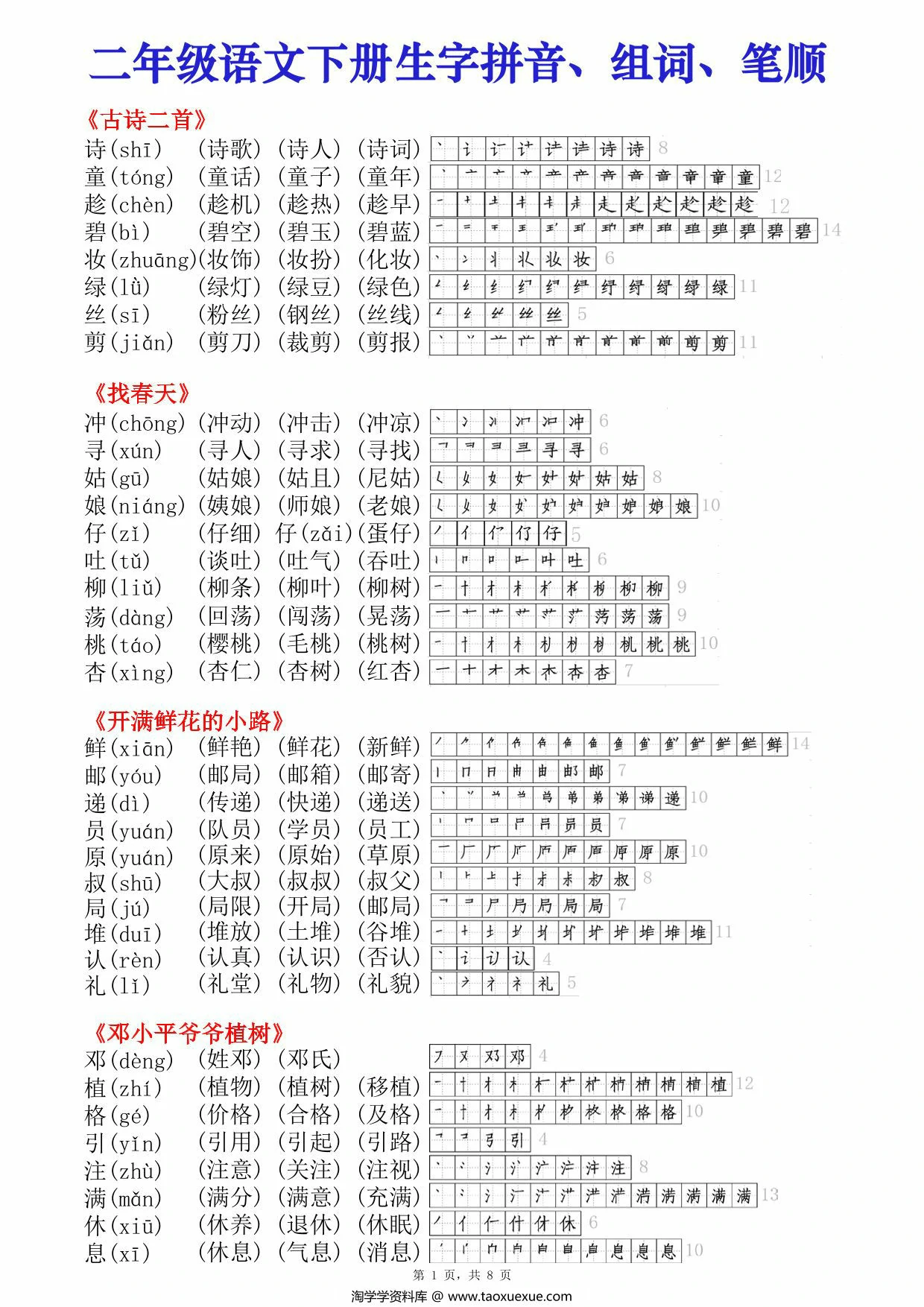 图片[1]-二年级下册语文生字拼音组词笔顺课课贴，8页PDF可打印-淘学学资料库