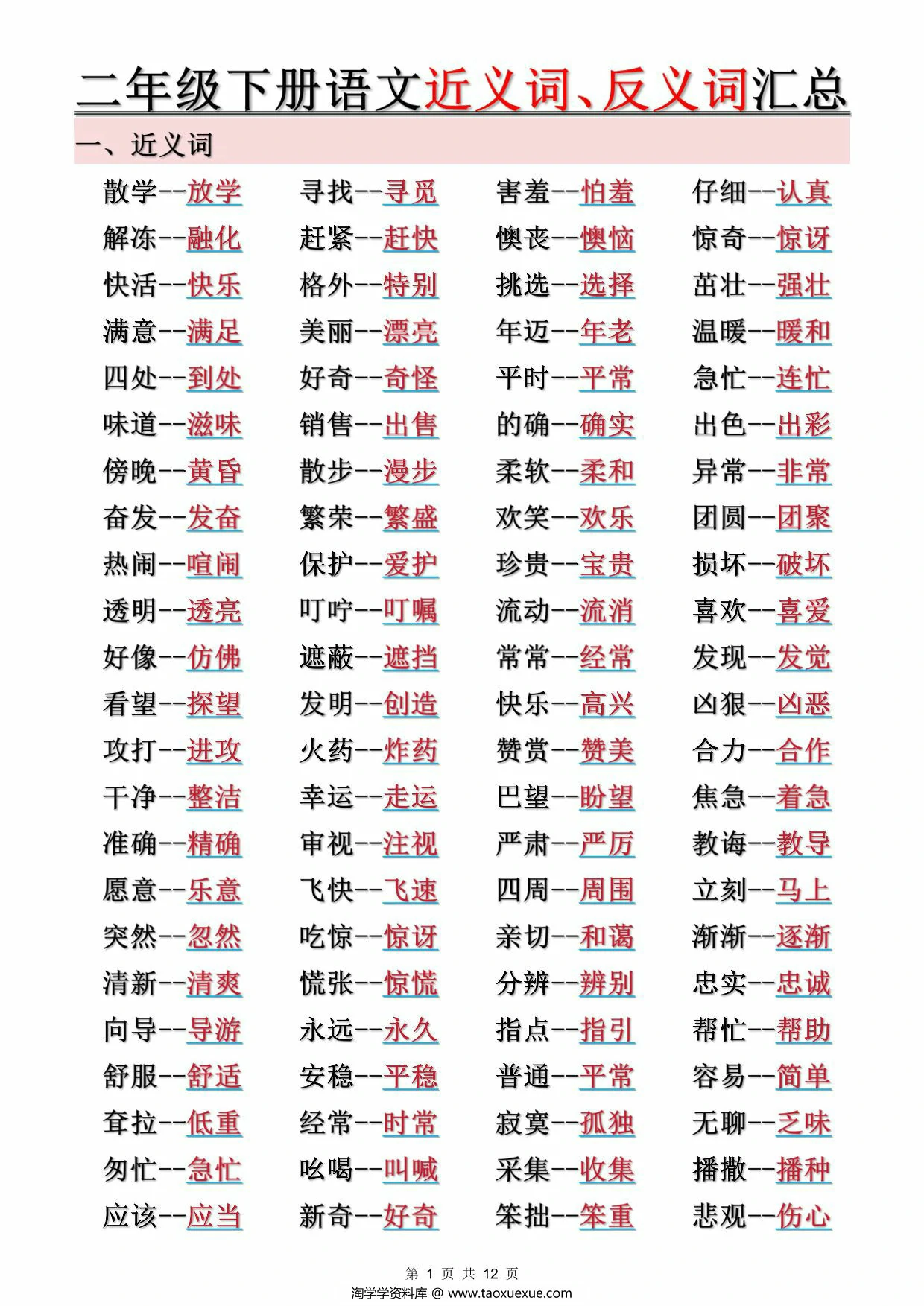 图片[1]-二年级下册语文近义词、反义词汇总（空白+答案），12页PDF电子版-淘学学资料库