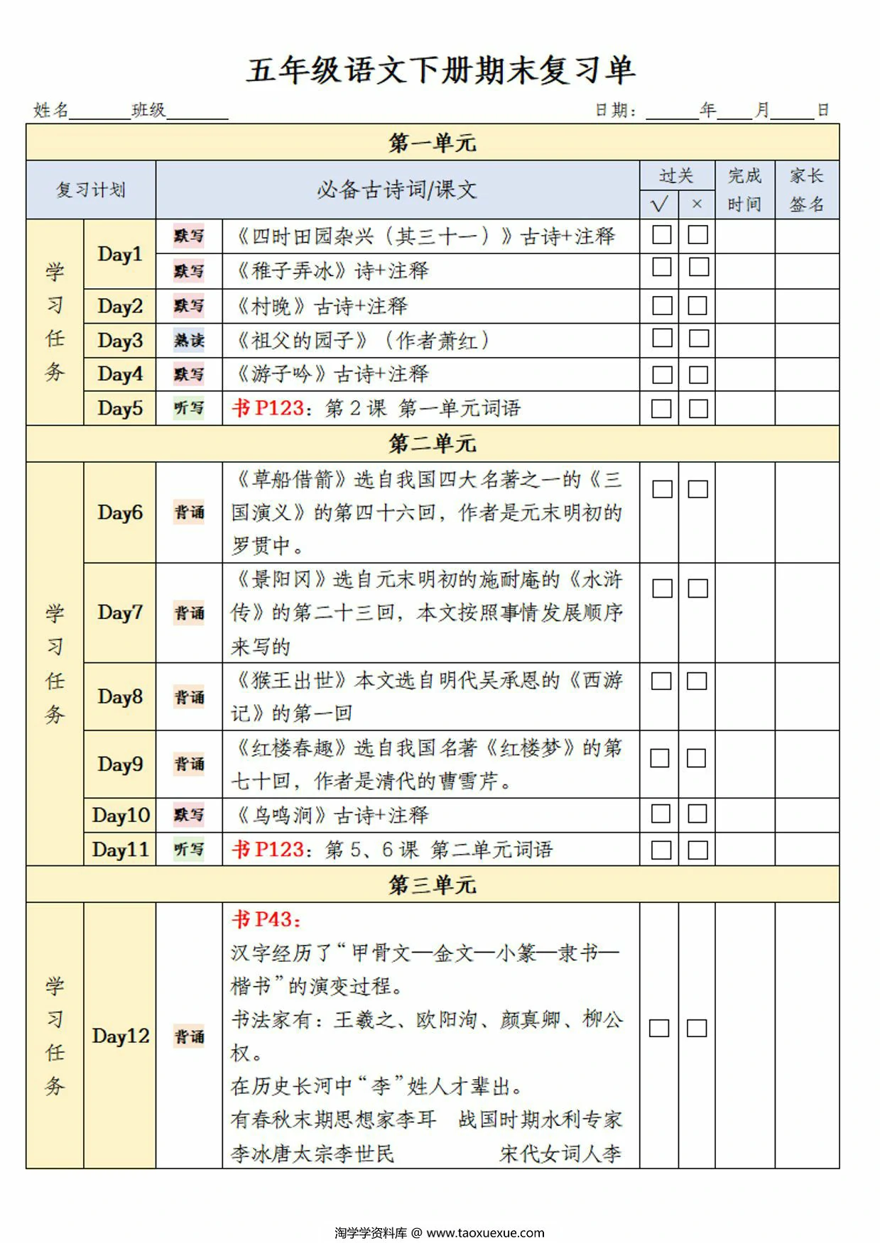 图片[1]-五年级语文下册期末复习单，8页PDF电子版-淘学学资料库