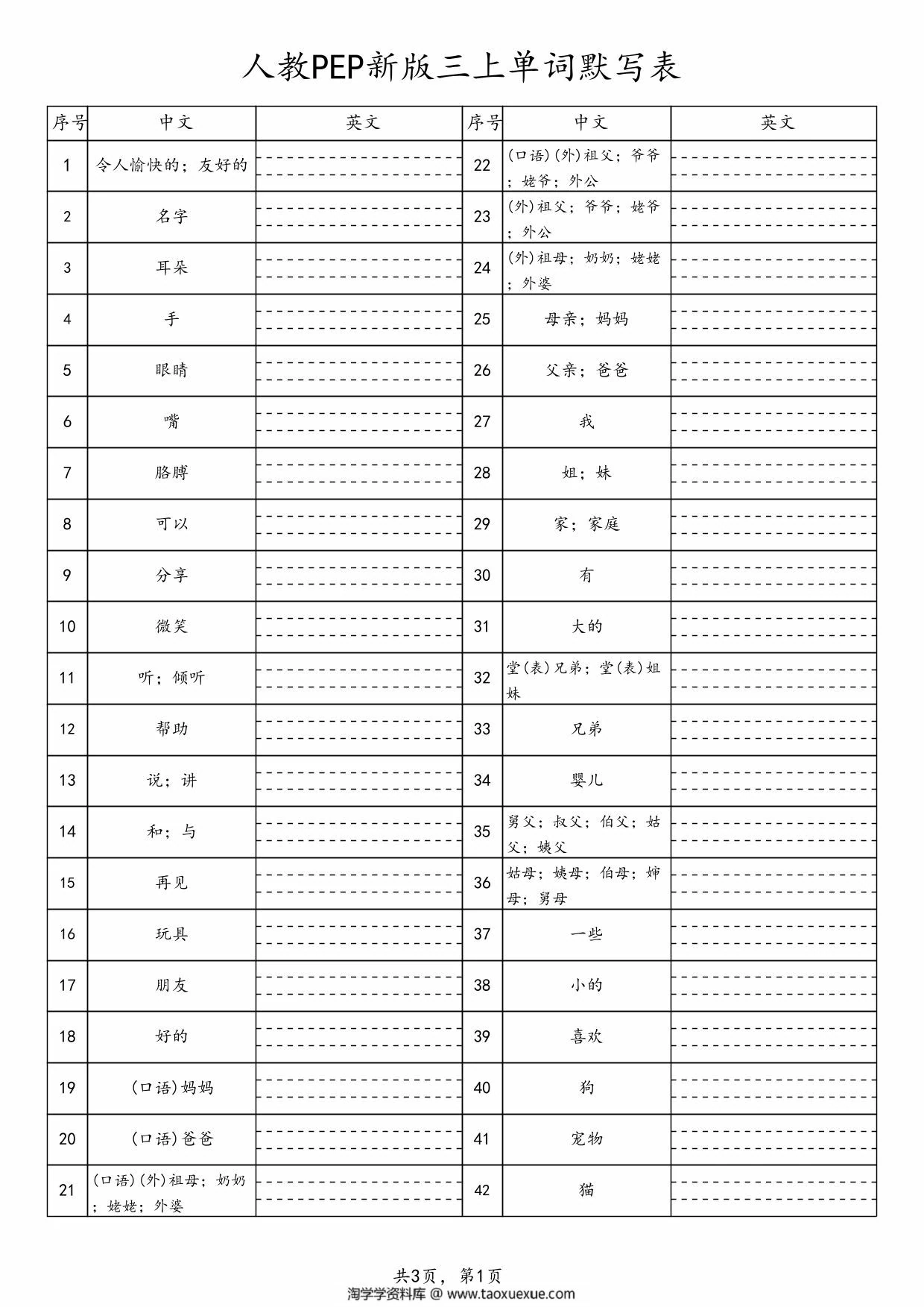 人教PEP新版三上单词默写表表，3页PDF电子版