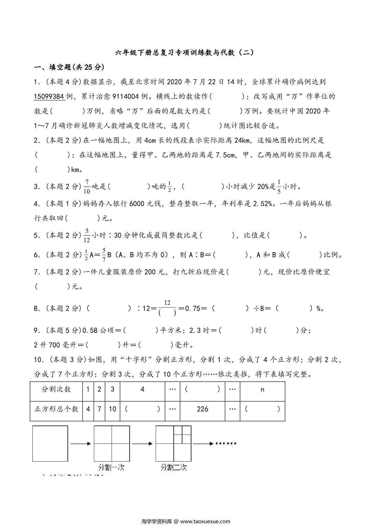 图片[1]-六年级下册数学总复习专项训练数与代数（二）（人教版），8页PDF可打印-淘学学资料库