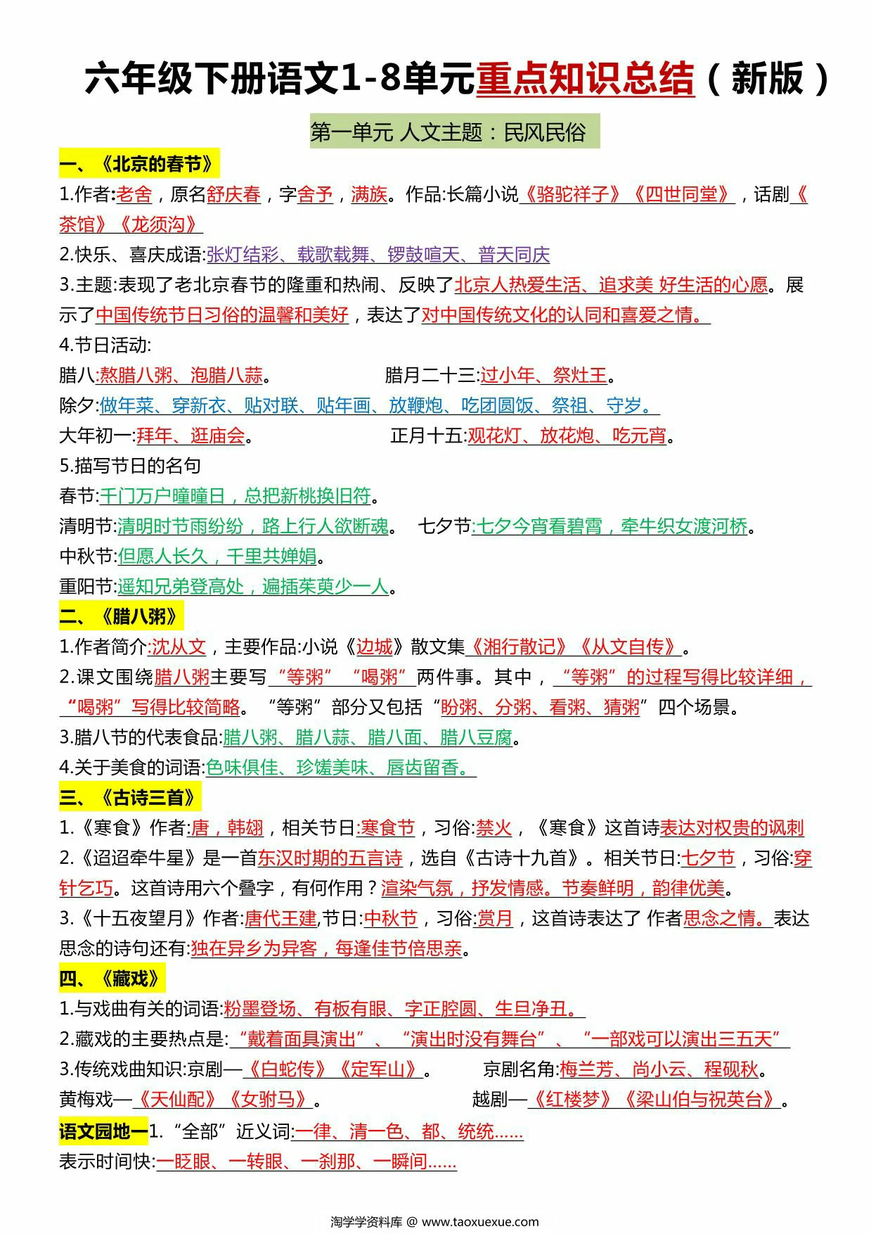 图片[1]-六年级下册语文1-8单元重点知识点总结，6页PDF电子版-淘学学资料库