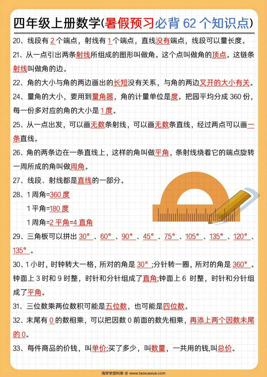 图片[2]-四年级上册数学(暑假预习必背62个知识点)，4页PDF可打印-淘学学资料库