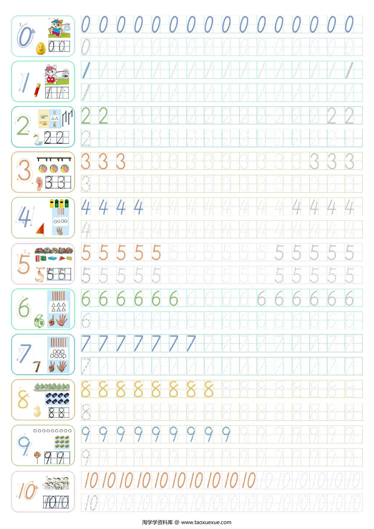 图片[1]-田字格数字0-10描红字帖打印，1页PDF-淘学学资料库