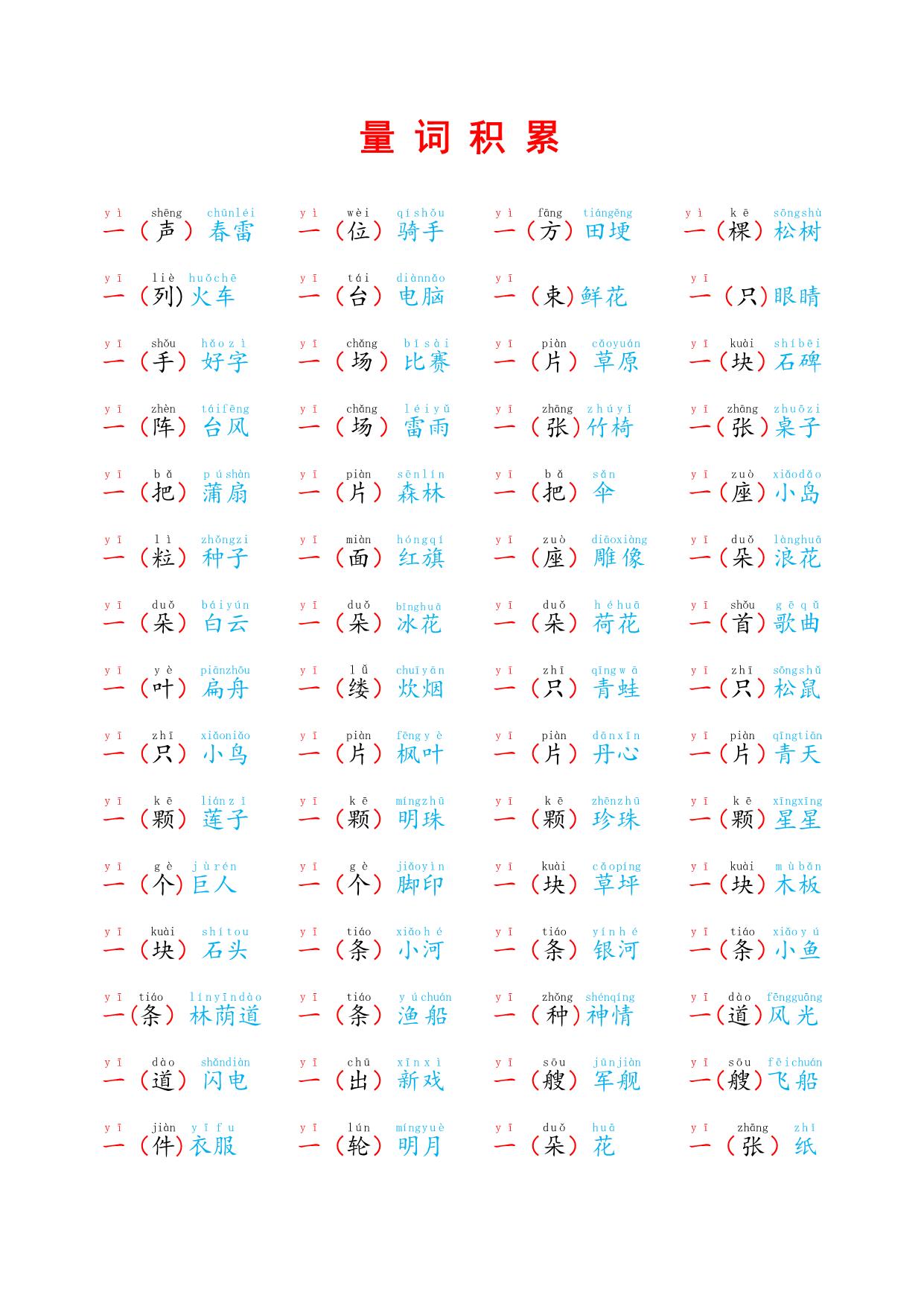 图片[1]-量词积累，2页PDF可打印-淘学学资料库